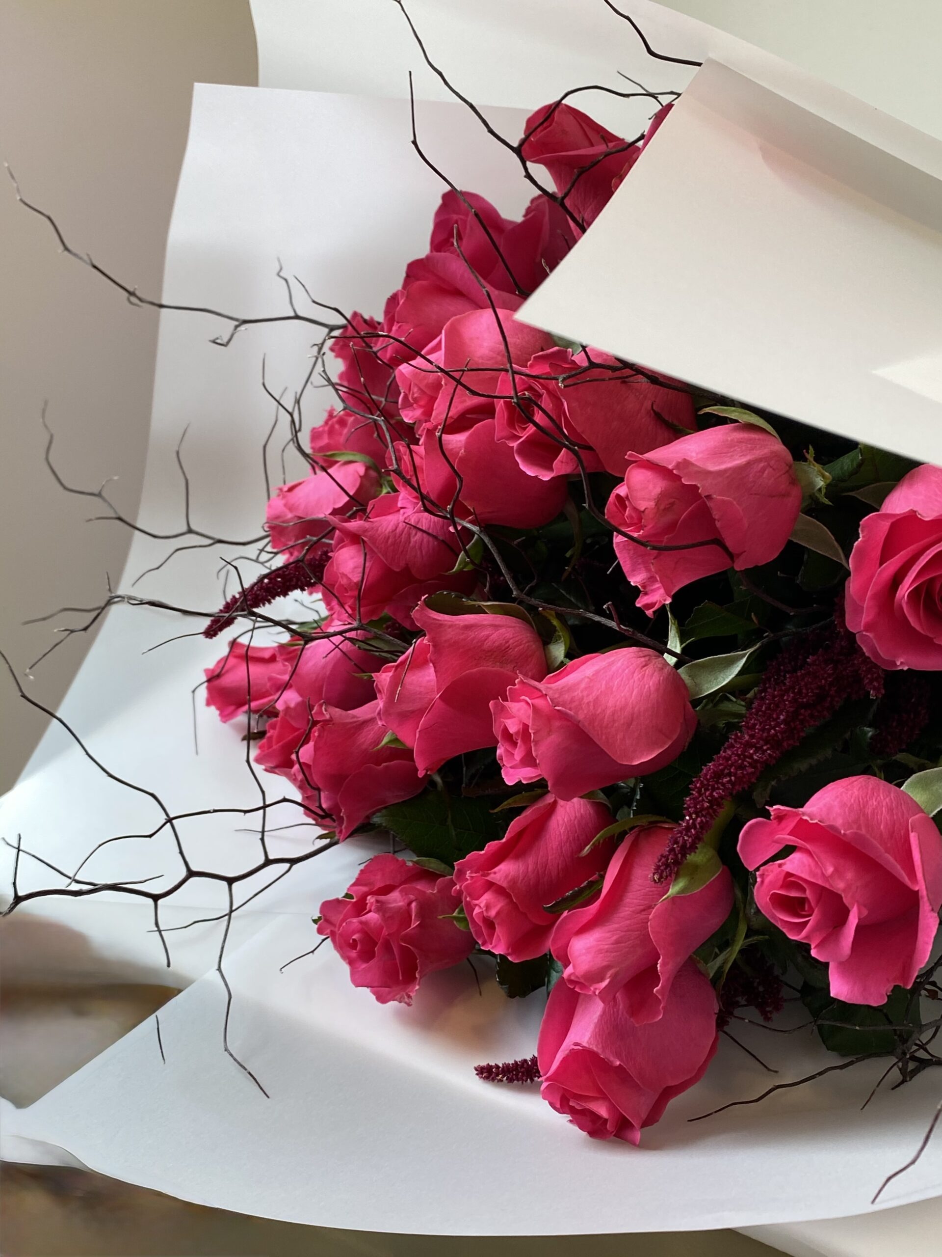 Double Delight 24 Medium stem Pink Roses and Foliage $250